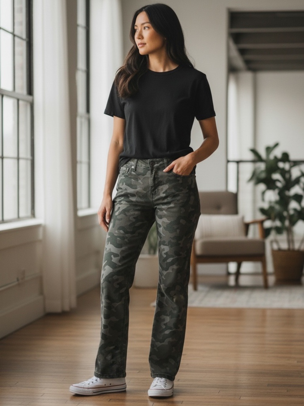 Maurices Camo Straight Leg Jeans in Olive Green